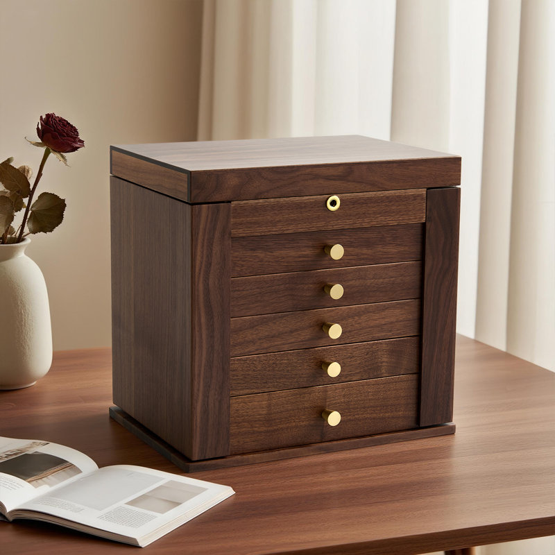 Coffret à bijoux en noyer noir à 6 compartiments avec serrure et clé