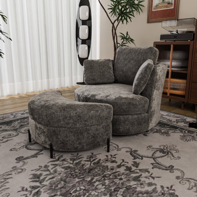 Modern Oversized Upholstered Swivel Barrel Chair With Storage Ottoman