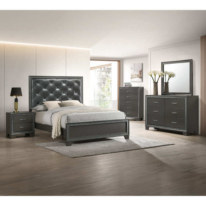 Grand lit avec revêtement, tête de lit haute, gris chatoyant foncé, lit de style contemporain d'invitation de chambre à coucher, revêtement pour