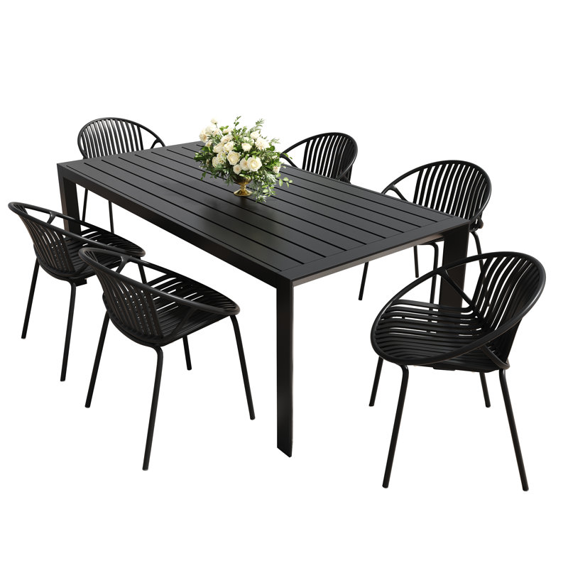  Outdoor Dining Set 7 Piece Rust Resistant Aluminum Table Stackable Chairs, Black, Black