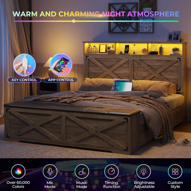 Queen Size Farmhouse Metal Bed Frame, Grey Platform Bed with LED Headboard, Charging Station and Storage Ottoman, Sturdy Bed for Teen Room