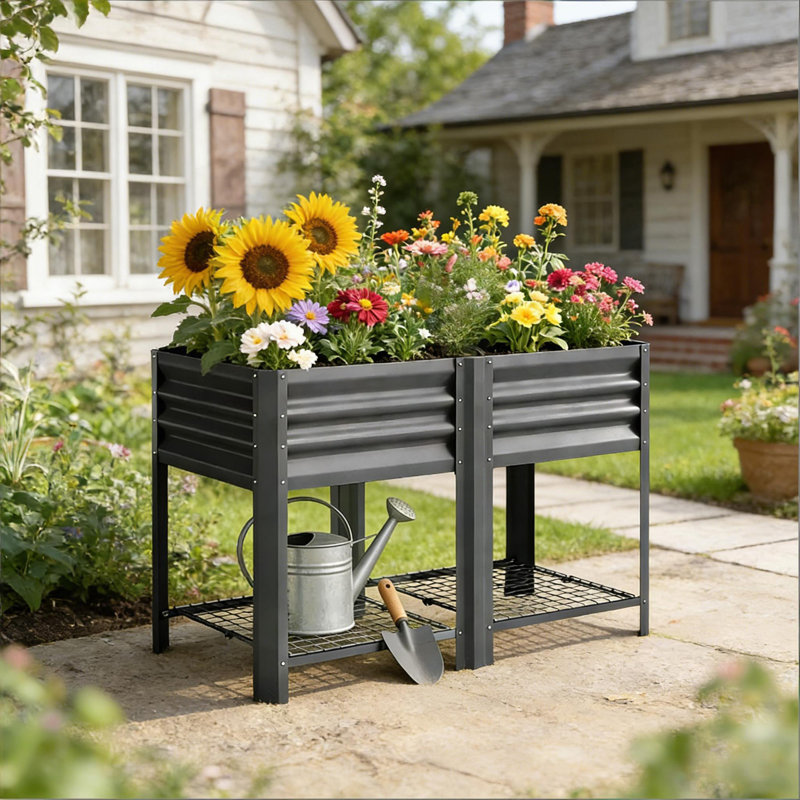 Boîte à fleurs pour patio, boîte à fleurs surélevée pour l'extérieur, lit surélevé pour jardin, Gris foncé