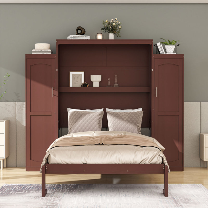 Lit escamotable en bois avec placards et rangement, Noyer, Grand
