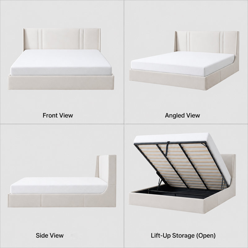 41.7" Velvet Curved Wingback King Bed Frame with Hydraulic Lift, No Box Spring Needed, White, White, King