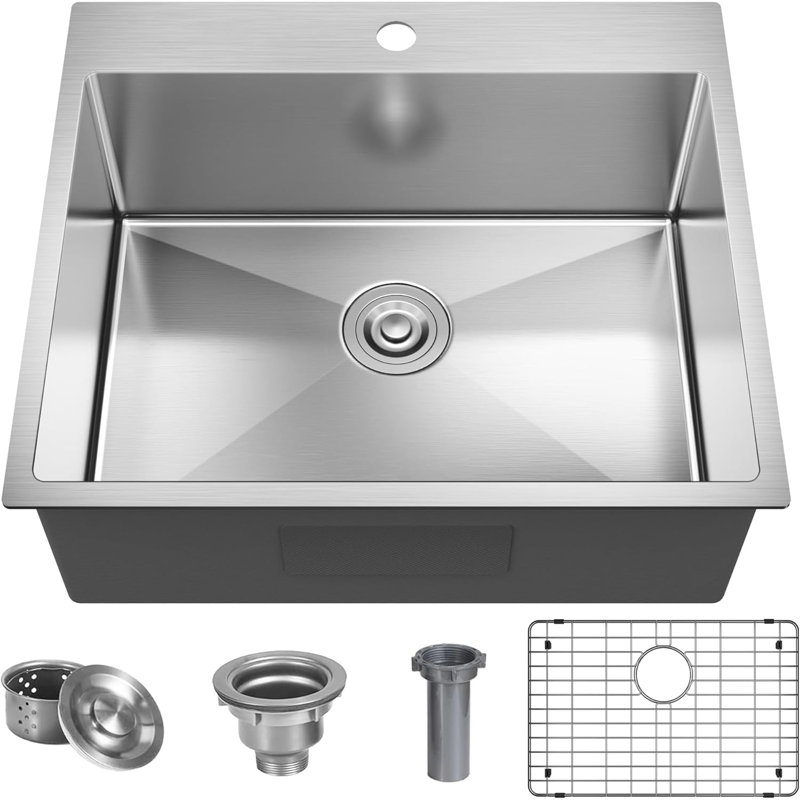 Évier de cuisine encastré avec accessoires L 25 po x l 22 po ForK Kitchen, Nickel brossé
