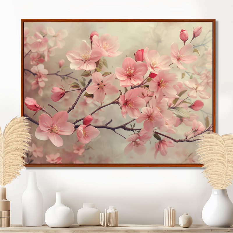 Pink Grey Apple Blossoms Of Spring II - Apple Blossom Wall Art Print, 12" H x 20" W, Black Picture Framed