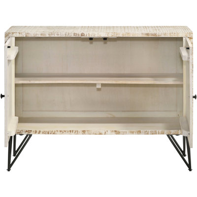 Armoire en bois à 2 portes avec finition blanchie et pieds en métal pour le rangement principal du salon, 40 po de largeur x 16 po de profondeur, 30 po de hauteur