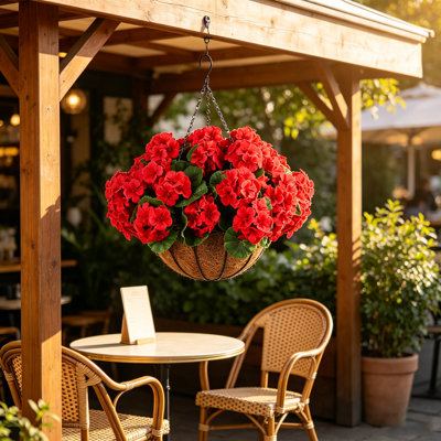 Panier en géranium artificiel pour l'extérieur, panier à fleurs suspendu de 11,81 po, plante géranium artificielle réaliste pour porche, patio, fenêtre, jardin et décoration intérieure