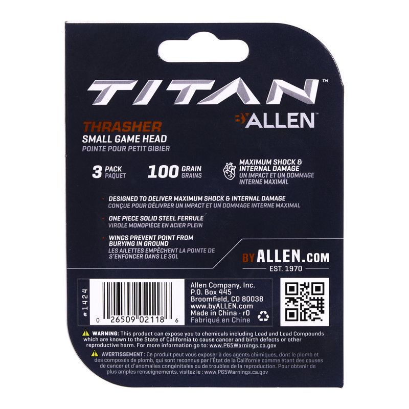 Titan Thrasher Small Game Archery Head Point, 100-Grains, 3-Pack, Black