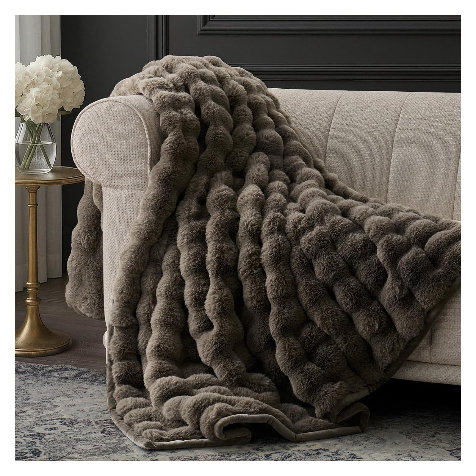 Ridgeline Faux Fur Throw Blanket, 80" L x 60" W, Dark Taupe