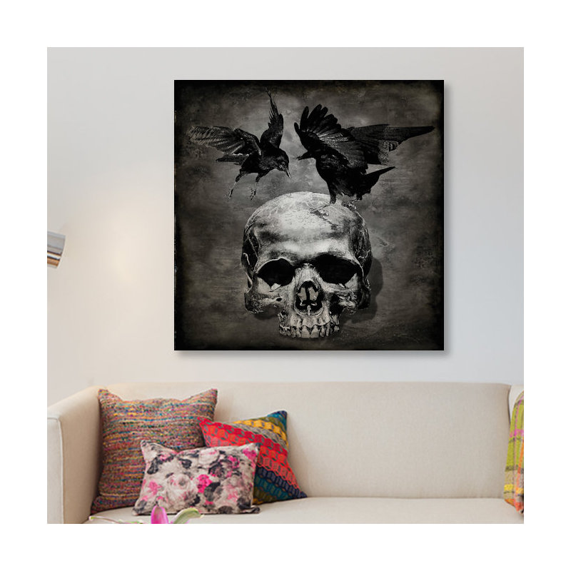 «Skull with Crows», impression sur toile, H 18 po x l 18 po x P 1,5 po, Toile avec cadre noir, Pas de tapis