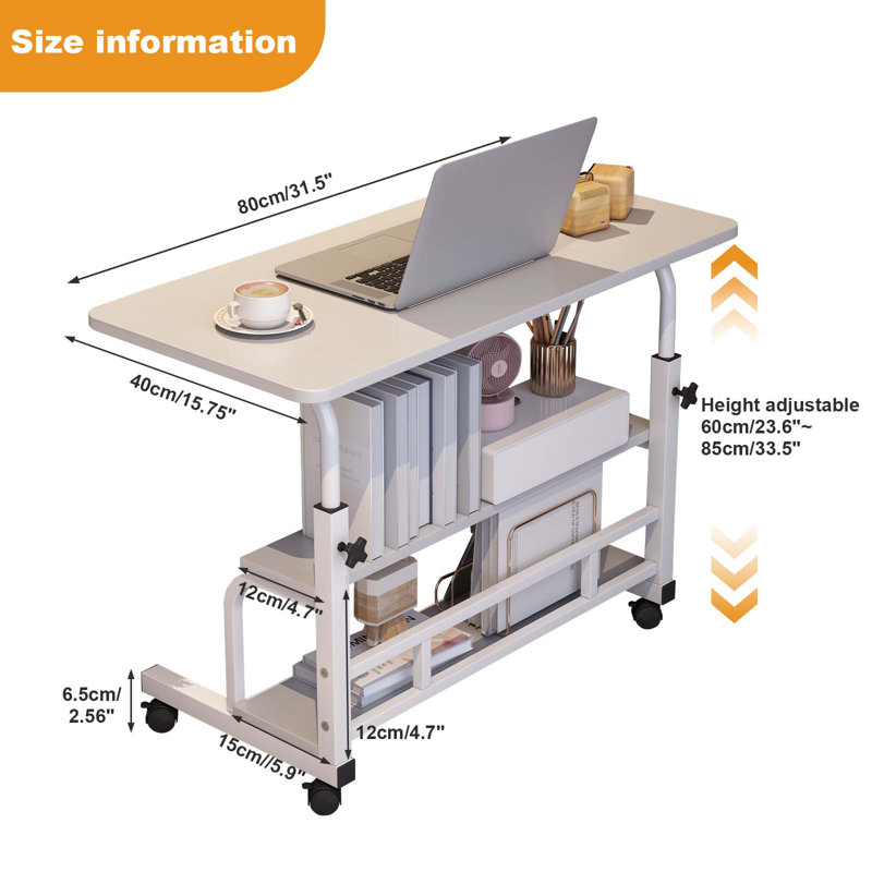 Home Office Portable Rolling Desk on Wheels Adjustable Height Mobile Computer Desk for Small Space Small Standing Desk, White