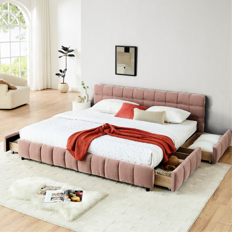 Très grand lit plateforme rose avec tiroir pour un espace de rangement - Rangement confortable dans un revêtement relaxant