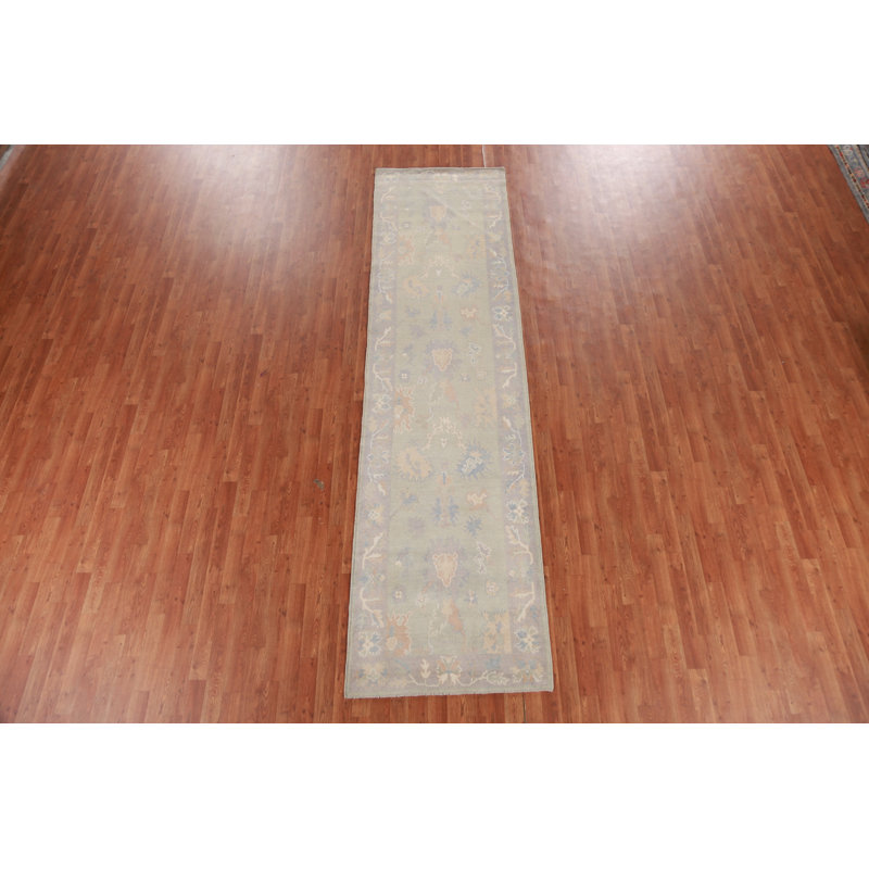 Vegetable Dye Green Oushak Turkish Runner Rug