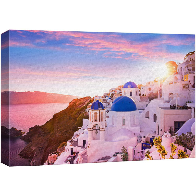 «Coastal Beach Vibrant Sunset Pastel Santorini Grèce Nature Wilderness», reproduction sur toile tendue