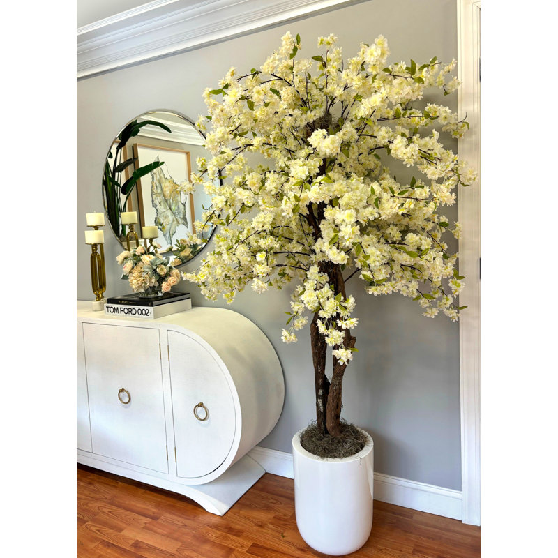 Faux Cherry Blossom Tree Plant in Fiberstone, White