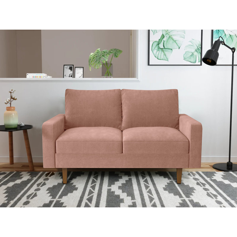 Causeuse à accoudoirs carrés, Velours rose, H 35 po x l 60 po x P 33 po
