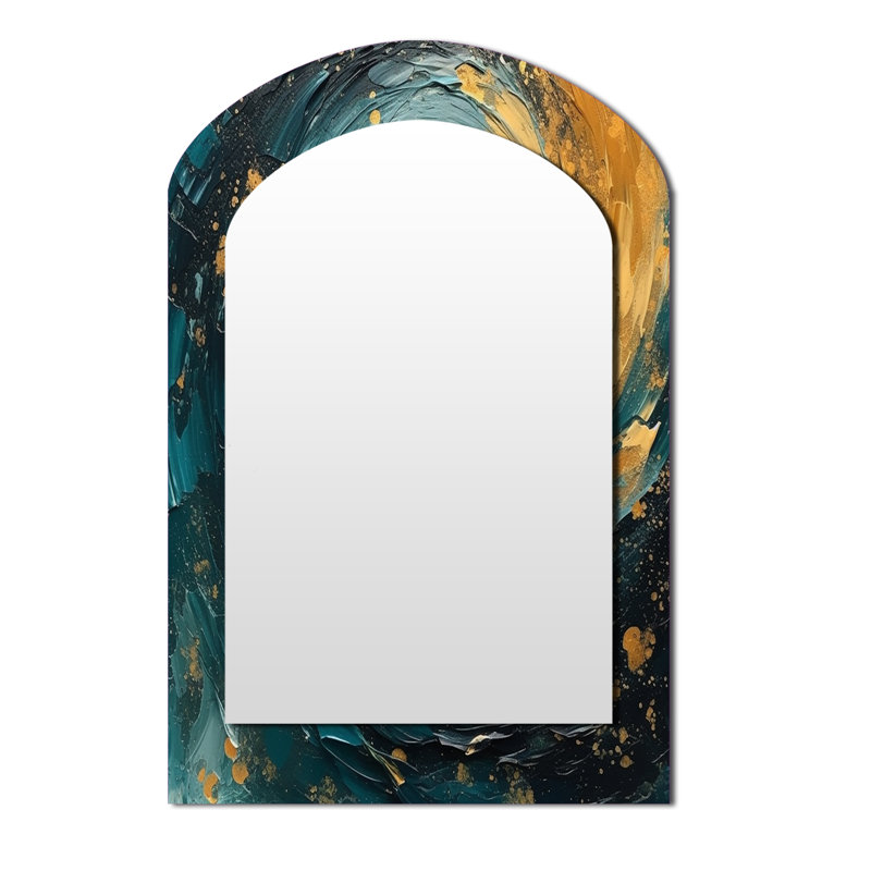 Golden Ocean Spiral Waves, peinture II - miroir décoratif en spirale abstraite, miroir mural asymétrique, 43 po x 33 po