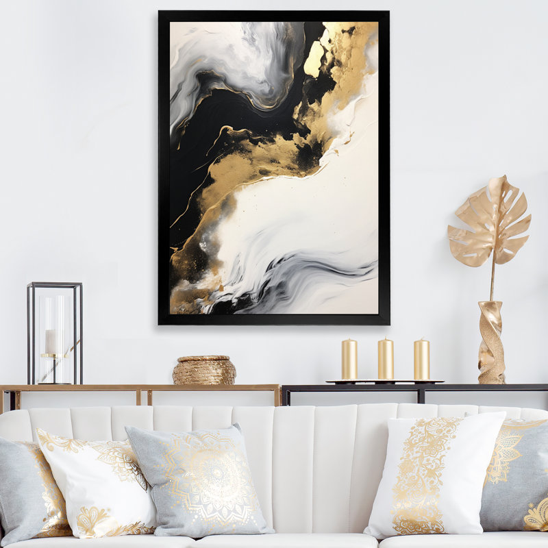 «Organic Bliss Minimal Abstract Gold and Black I», reproduction, H 44 po x l 34 po x P 1,5 po, Cadre simple noir