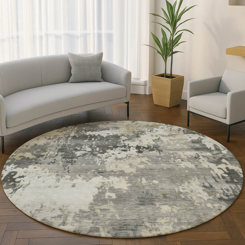 Premium Machine Washable Mayfield AMF2142 abstract Rug, Pewter, 8' Round