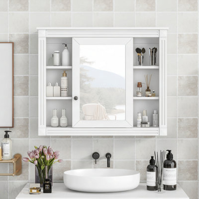 35" X 28" Wall Mounted Bathroom Mirror Cabinet with Open Shelves - White