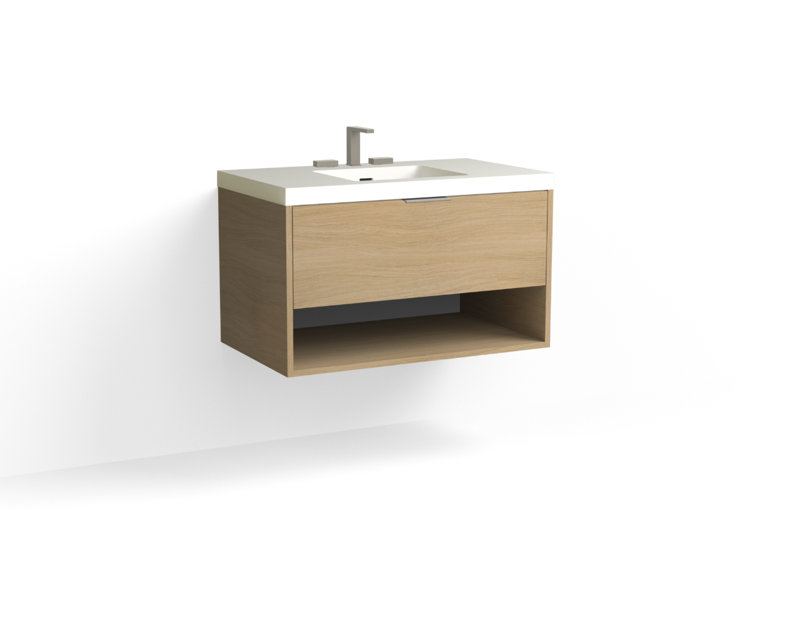 Modo 36" W Wall Mounted Single Bathroom Vanity, Matte White/Single, Nocino, Satin Brass