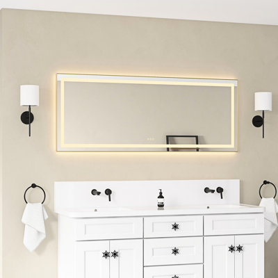 Miroir de salle de bain mural à DEL 72 po x 28 po, cadre en aluminium, 3 températures de couleur, brouillard, mémoire, réglage continu de la luminosité, design or brossé