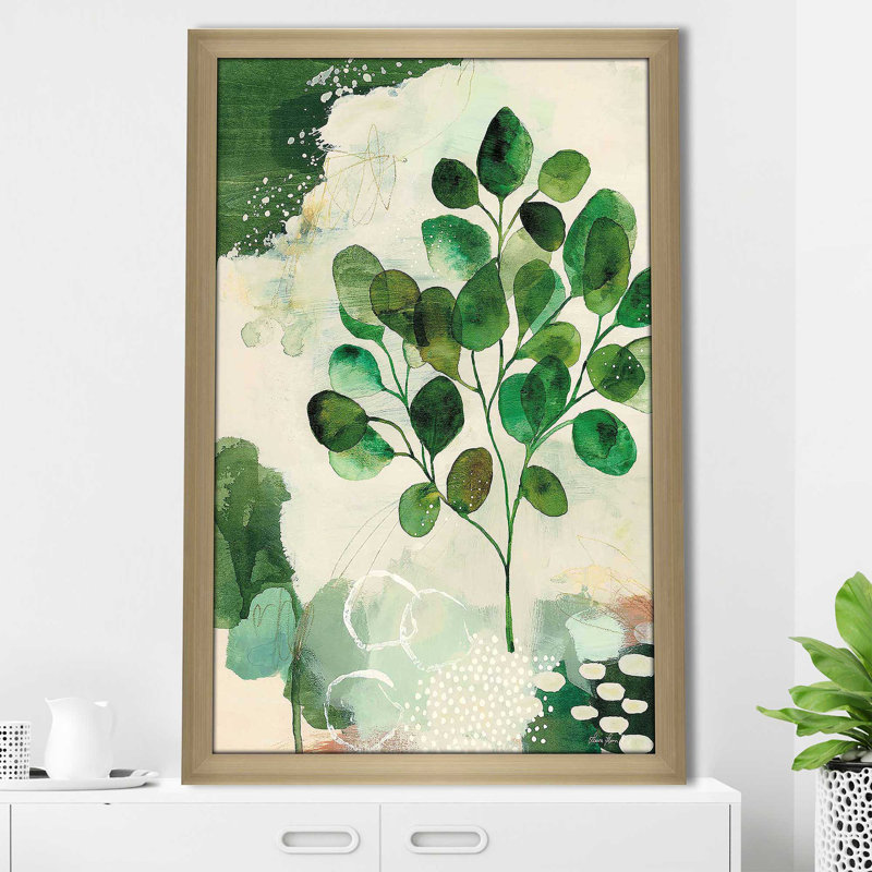 «Nature Story III» par Laura Horn - peinture, H 39,5 po x l 27,5 po x P 0,75 po, Encadrement champagne