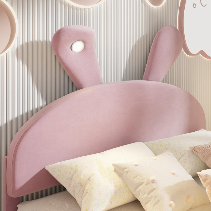 Upholstered Platform Bed with Cartoon Ears Shaped Headboard and Light, Daybed with Two Small Storage Stools, Full, Pink