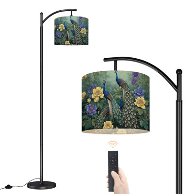 Arc Floor Lamp Peacock Feathers Floral Garden Soft Pastels Floor Lamps with Remote LED Lights Adjustable Lamp Shades Tall Standing Lamps for Reading Office Living Room