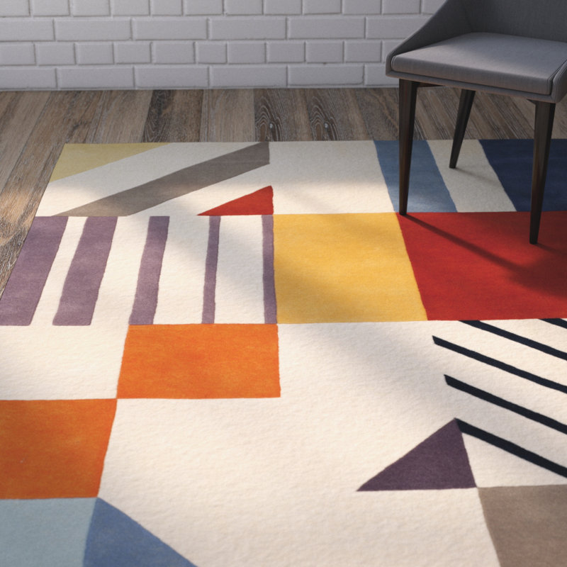 Tapis ivoire / bleu / rouge / jaune en laine touffeté à la main Tripoli, Rectangle de 10 pi x 14 pi