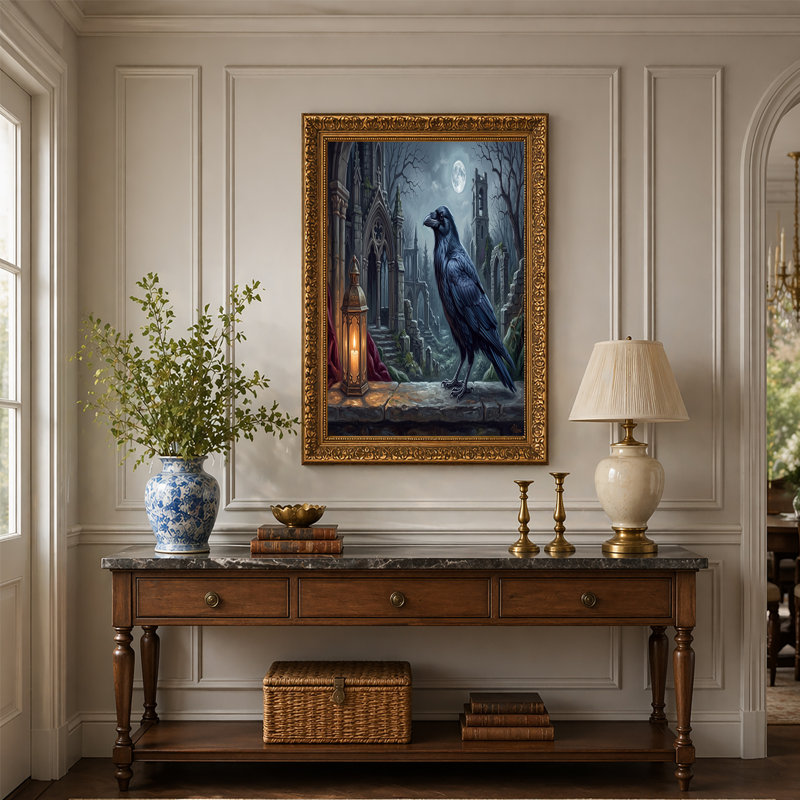 Toile noire sur fond de ruisseau noir perché sur des rebords au clair de lune, 32"H x 48"W