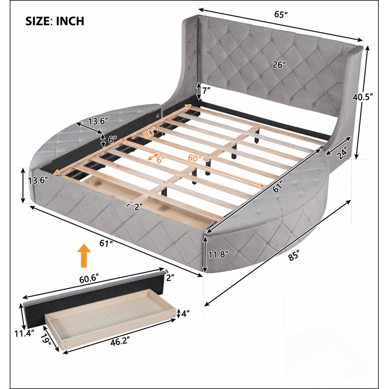 Lit plateforme tapissier en velours avec tiroir et 2 tabourets de rangement latéraux, Grand lit, Gris