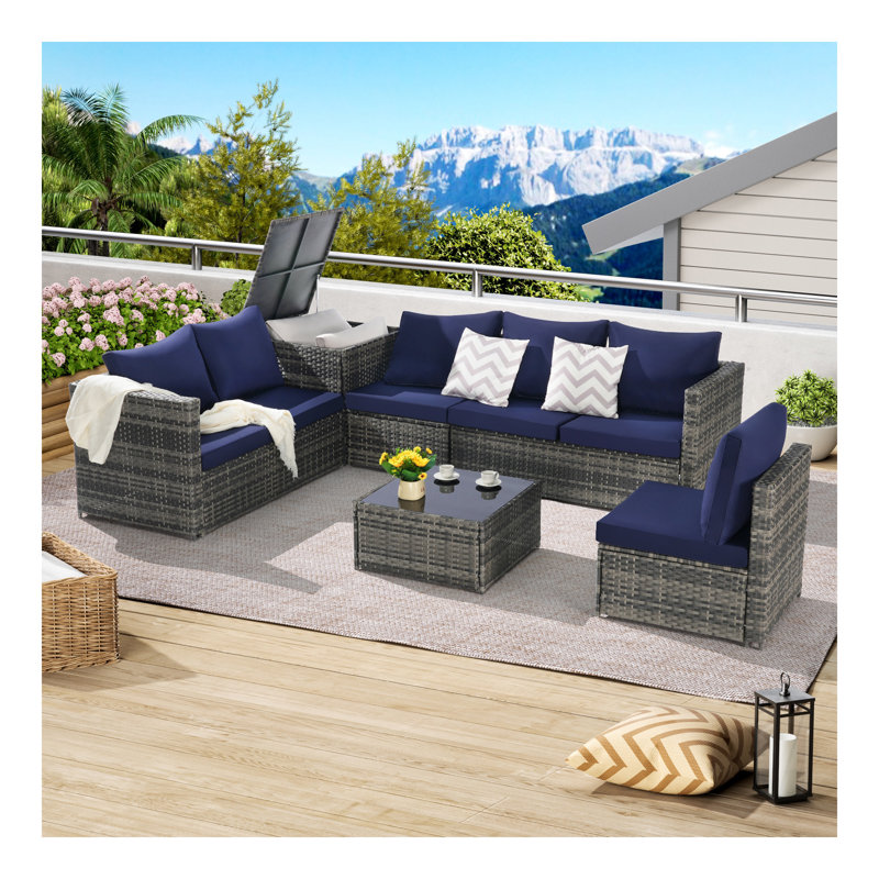 6 Pieces Patio Furniture Set,Outdoor Woven Sectional L- Shaped Patio Furniture ,Wicker Conversation Set with corner table&Glass Top Table for Backyard Poolside