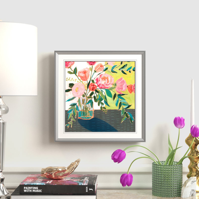 «Quirky Bouquet I», peinture, H 16 po x l 16 po x P 1,5 po, Encadrement argenté