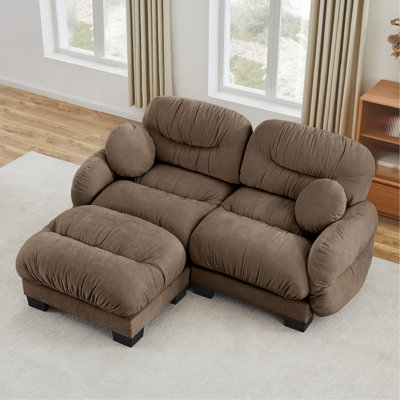 Canapé modulaire confortable en tissu chenille 2 places avec siège ergonomique en mousse haute densité, canapé modulaire en forme de L avec repose-pieds, accoudoirs arrondis arrondis et 2 coussins décoratifs ronds