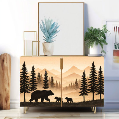 Buffet étroit de 35,4 po de largeur - armoire de rangement décorative à 2 portes avec silhouette de famille de sapins, impression de gravure sur bois de style sépia et pieds en métal
