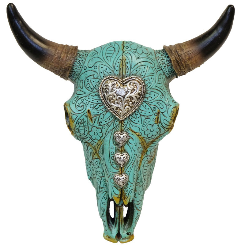 Paisley Turquoise Floral with Concho Heart Distressed Carved Cow Bull Skull Hanging Wall Décor