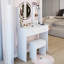 Table de coiffeuse à miroir rond de 17 po à DEL, luminosité réglable en 3 couleurs, interrupteur tactile, 2 prises AC + 1 de type C intégrées, grand miroir, rangement de grande capacité, style américain, coiffeuse blanche avec