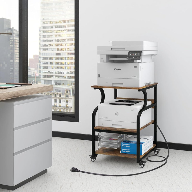 23.6 x 19.7 x 29.5 inches Large Printer Stand Printer Desk with Adjustable Storage Shelf on Wheels, Retro Brown/Black