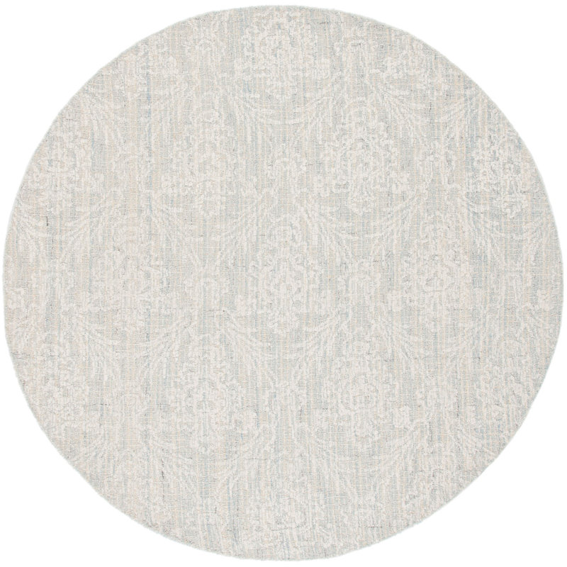 Chaleb Hand Tufted Wool Cotton Pet Damask Rug in Light Blue/Ivory, Round 6'
