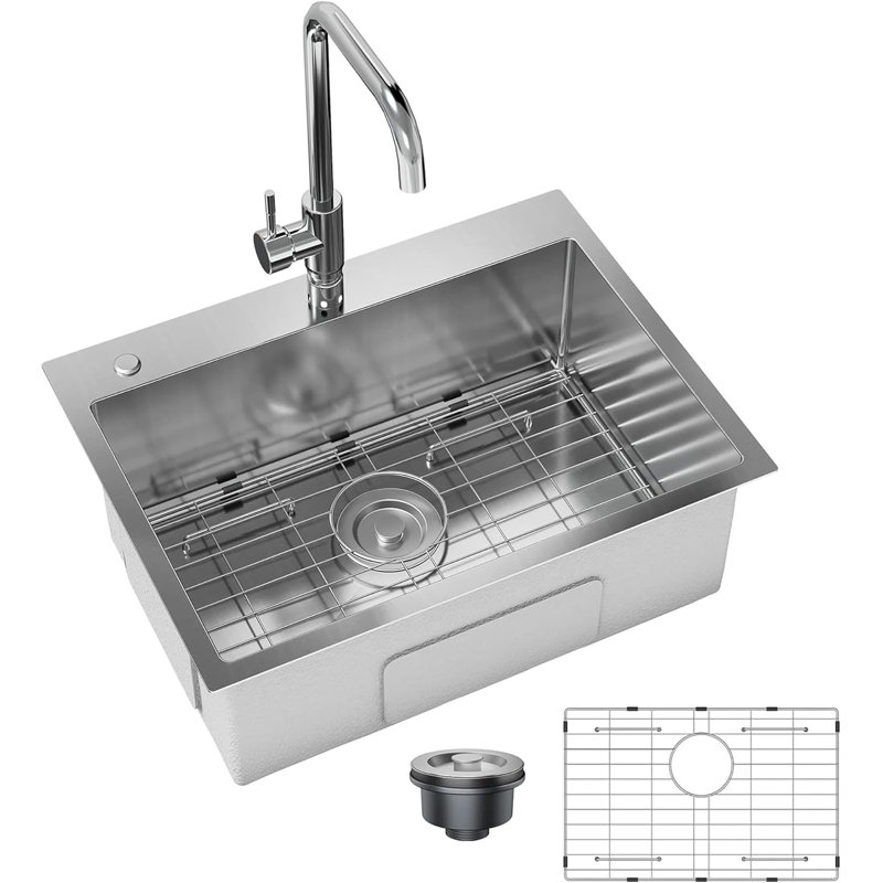 Stainless Steel Drop-in Kitchen Drain 24x18x9 in, Single Bowl Workstation, Pull-Down Faucet, Rust-Resistant, Modern, Easy Install, Single Hole, Stainless Steel
