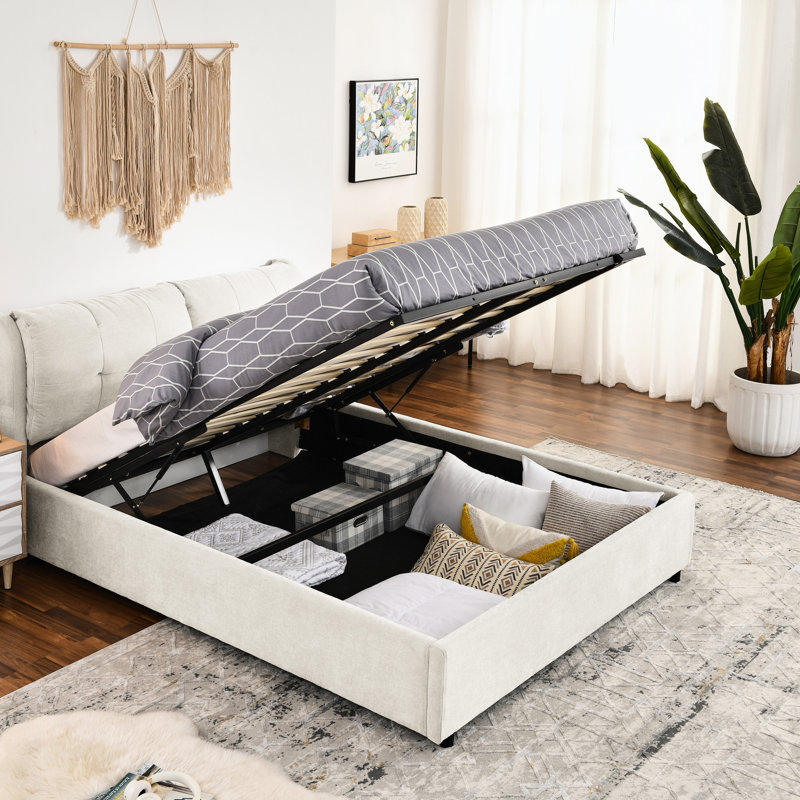 Grand lit en chenille beige avec tête de lit intégrée, rangement pour les draps et rangement facile à assembler, Beige