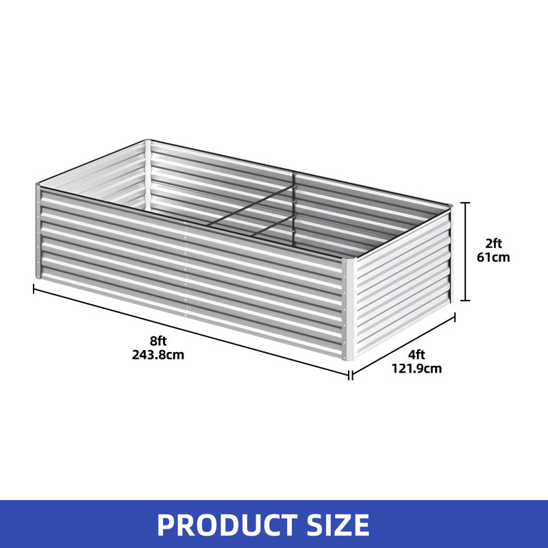 Silver Metal Outdoor Raised Garden Bed, 24" H x 96" W x 48" D