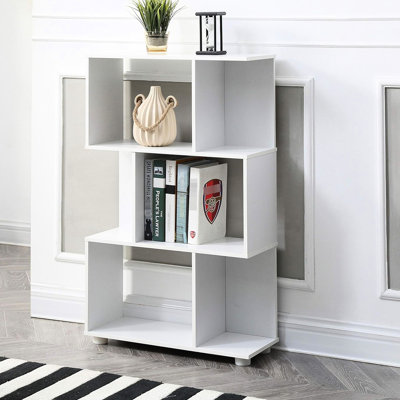 Bibliothèque blanche à 3 tablettes décalées, idéale pour ranger des appareils électroniques, des livres et des décorations, une bibliothèque en bois américaine de 23,3 po de profondeur, 37,45 de hauteur, facile à entretenir, 9,01 de largeur, facile à assembler