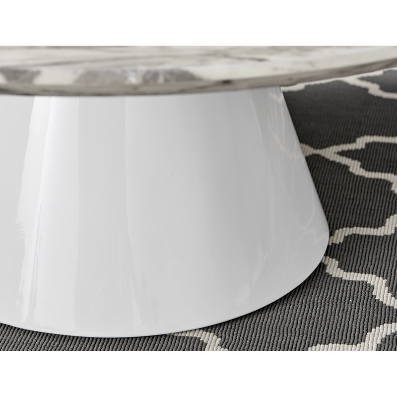 Edzard Statement Pedestal Coffee Table - Luxury Living Room Centre Table, Grey Marble Top / White Base