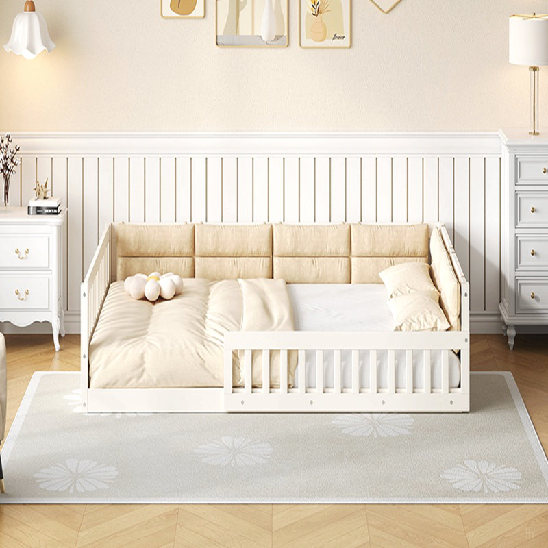 Lit plateforme tapissier en bois avec garde-corps et coussin, Beige