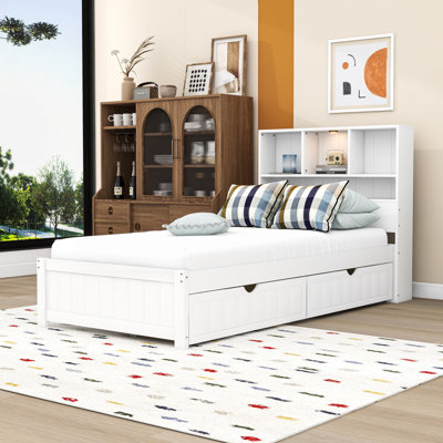 Wood Platform Bed with Built-in Downlight, Storage Headboard, Two Drawers and Charging Station