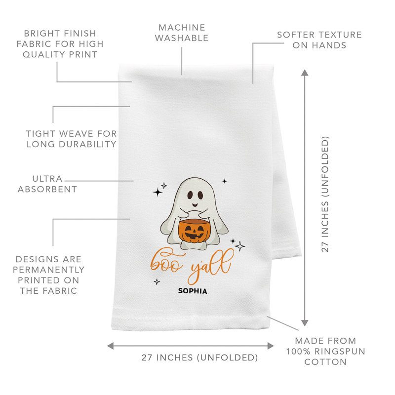 Serviette de cuisine d'Halloween personnalisée, conception de fantôme Boo Yall, coton sac de farine, décor d'Halloween, nom personnalisé