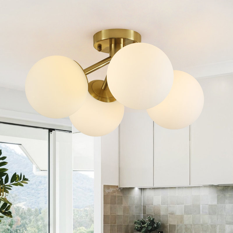 4-light Modern Sputnik Bubble Semi Flush Mount Ceiling Light Opal Glass Globe Shade For Kitchen Island Dining Room Hallway